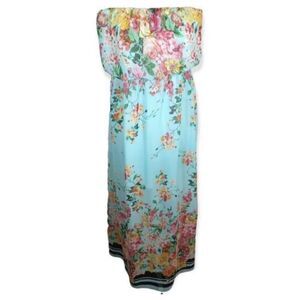SOCIALITE AQUA, PINK, & YELLOW FLORAL STRAPLESS MAXI DRESS W/STRIPES SZ.M EUC.